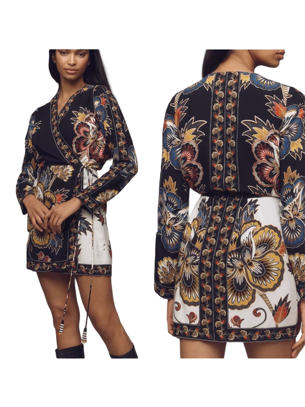 🎒FARM rio floral border print wrap mini dress long sleeve size S GUC